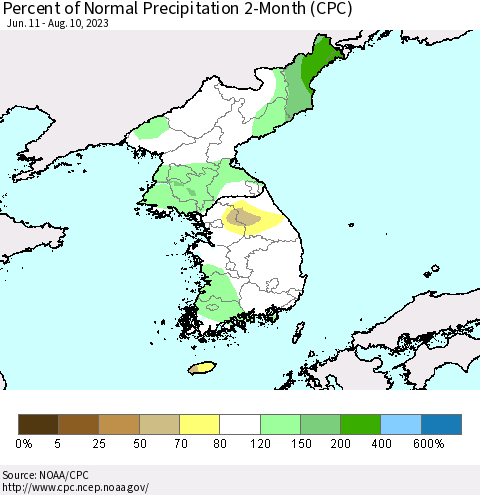 Korea Percent of Normal Precipitation 2-Month (CPC) Thematic Map For 6/11/2023 - 8/10/2023