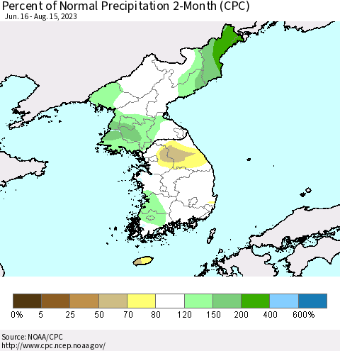 Korea Percent of Normal Precipitation 2-Month (CPC) Thematic Map For 6/16/2023 - 8/15/2023