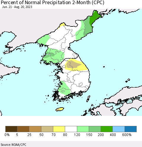 Korea Percent of Normal Precipitation 2-Month (CPC) Thematic Map For 6/21/2023 - 8/20/2023