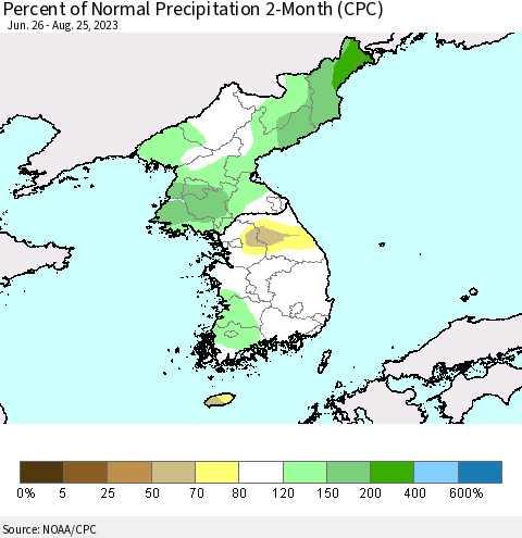 Korea Percent of Normal Precipitation 2-Month (CPC) Thematic Map For 6/26/2023 - 8/25/2023