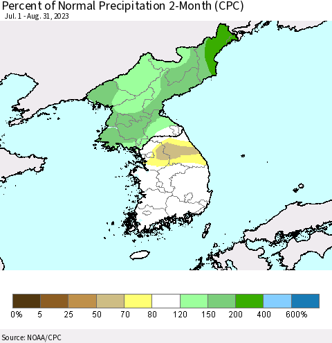 Korea Percent of Normal Precipitation 2-Month (CPC) Thematic Map For 7/1/2023 - 8/31/2023