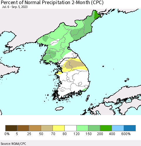Korea Percent of Normal Precipitation 2-Month (CPC) Thematic Map For 7/6/2023 - 9/5/2023