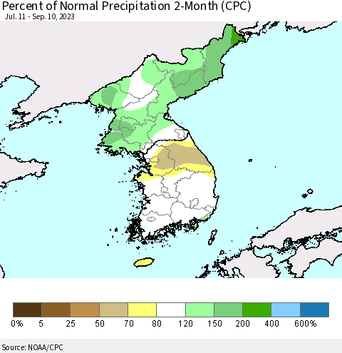 Korea Percent of Normal Precipitation 2-Month (CPC) Thematic Map For 7/11/2023 - 9/10/2023