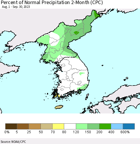Korea Percent of Normal Precipitation 2-Month (CPC) Thematic Map For 8/1/2023 - 9/30/2023