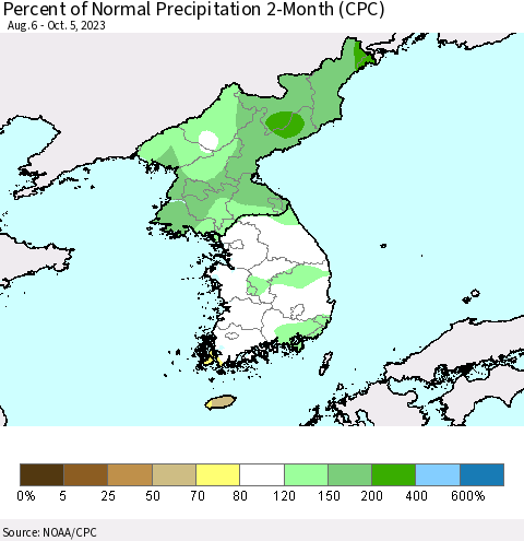 Korea Percent of Normal Precipitation 2-Month (CPC) Thematic Map For 8/6/2023 - 10/5/2023