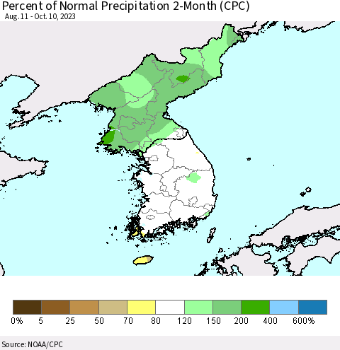 Korea Percent of Normal Precipitation 2-Month (CPC) Thematic Map For 8/11/2023 - 10/10/2023