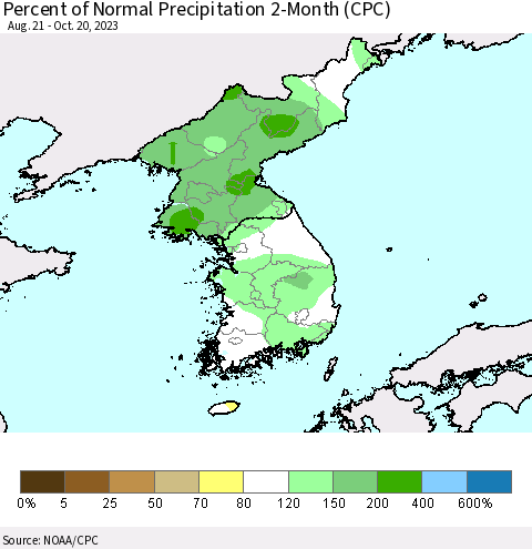 Korea Percent of Normal Precipitation 2-Month (CPC) Thematic Map For 8/21/2023 - 10/20/2023