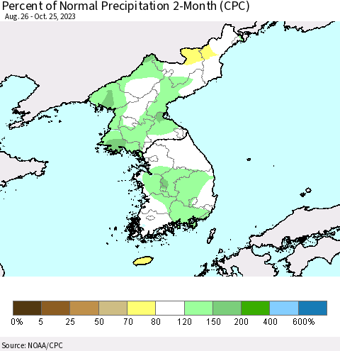 Korea Percent of Normal Precipitation 2-Month (CPC) Thematic Map For 8/26/2023 - 10/25/2023