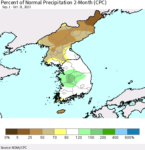 Korea Percent of Normal Precipitation 2-Month (CPC) Thematic Map For 9/1/2023 - 10/31/2023