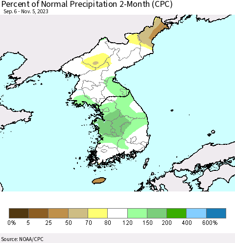 Korea Percent of Normal Precipitation 2-Month (CPC) Thematic Map For 9/6/2023 - 11/5/2023