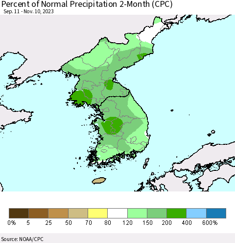 Korea Percent of Normal Precipitation 2-Month (CPC) Thematic Map For 9/11/2023 - 11/10/2023