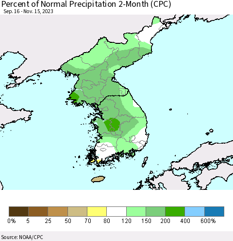 Korea Percent of Normal Precipitation 2-Month (CPC) Thematic Map For 9/16/2023 - 11/15/2023