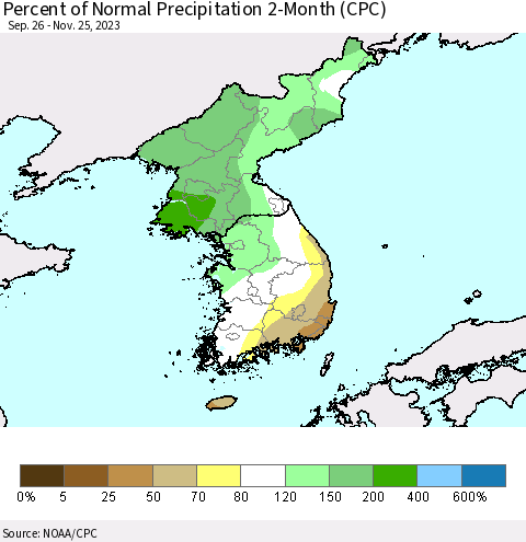 Korea Percent of Normal Precipitation 2-Month (CPC) Thematic Map For 9/26/2023 - 11/25/2023