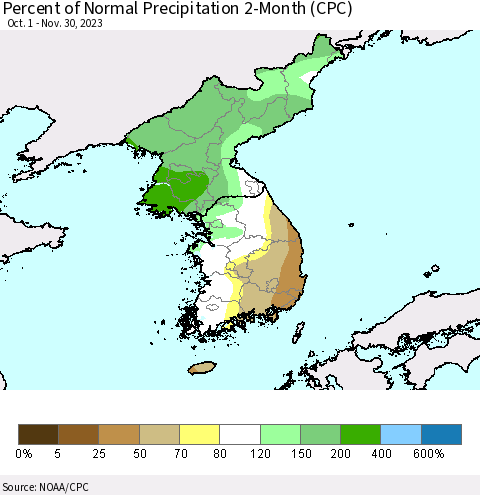Korea Percent of Normal Precipitation 2-Month (CPC) Thematic Map For 10/1/2023 - 11/30/2023