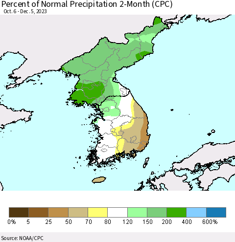 Korea Percent of Normal Precipitation 2-Month (CPC) Thematic Map For 10/6/2023 - 12/5/2023