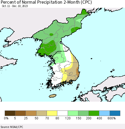 Korea Percent of Normal Precipitation 2-Month (CPC) Thematic Map For 10/11/2023 - 12/10/2023