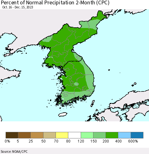 Korea Percent of Normal Precipitation 2-Month (CPC) Thematic Map For 10/16/2023 - 12/15/2023