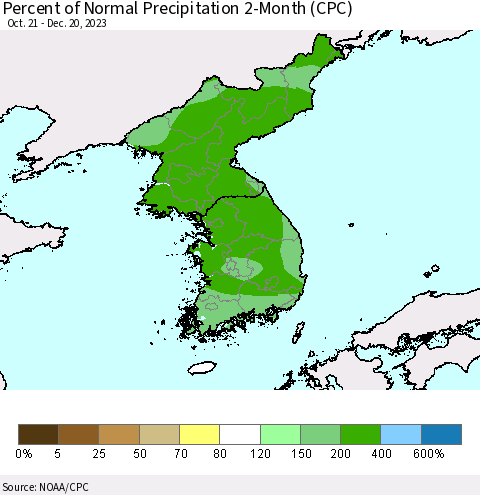 Korea Percent of Normal Precipitation 2-Month (CPC) Thematic Map For 10/21/2023 - 12/20/2023