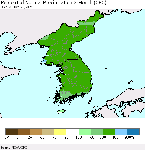 Korea Percent of Normal Precipitation 2-Month (CPC) Thematic Map For 10/26/2023 - 12/25/2023