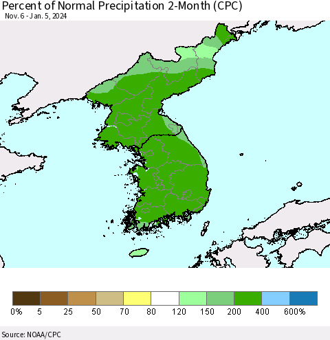 Korea Percent of Normal Precipitation 2-Month (CPC) Thematic Map For 11/6/2023 - 1/5/2024