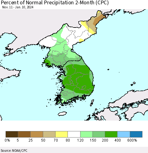 Korea Percent of Normal Precipitation 2-Month (CPC) Thematic Map For 11/11/2023 - 1/10/2024