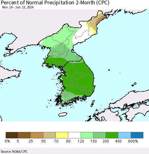 Korea Percent of Normal Precipitation 2-Month (CPC) Thematic Map For 11/16/2023 - 1/15/2024