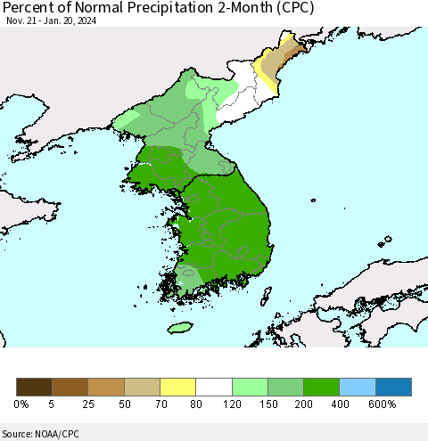 Korea Percent of Normal Precipitation 2-Month (CPC) Thematic Map For 11/21/2023 - 1/20/2024