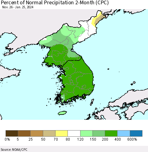 Korea Percent of Normal Precipitation 2-Month (CPC) Thematic Map For 11/26/2023 - 1/25/2024