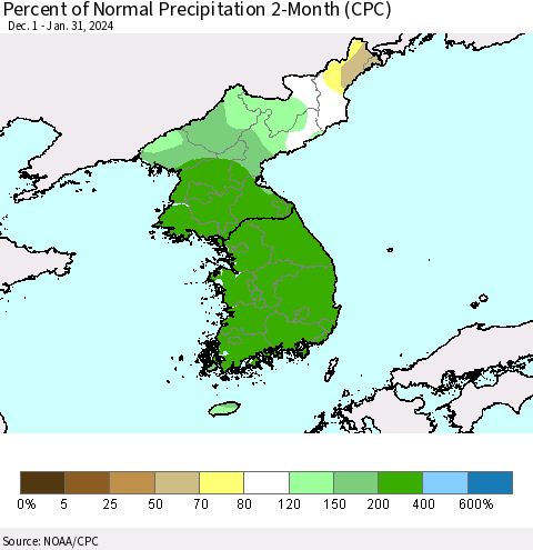 Korea Percent of Normal Precipitation 2-Month (CPC) Thematic Map For 12/1/2023 - 1/31/2024