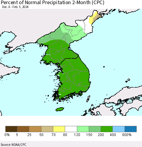 Korea Percent of Normal Precipitation 2-Month (CPC) Thematic Map For 12/6/2023 - 2/5/2024