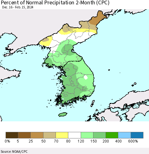 Korea Percent of Normal Precipitation 2-Month (CPC) Thematic Map For 12/16/2023 - 2/15/2024