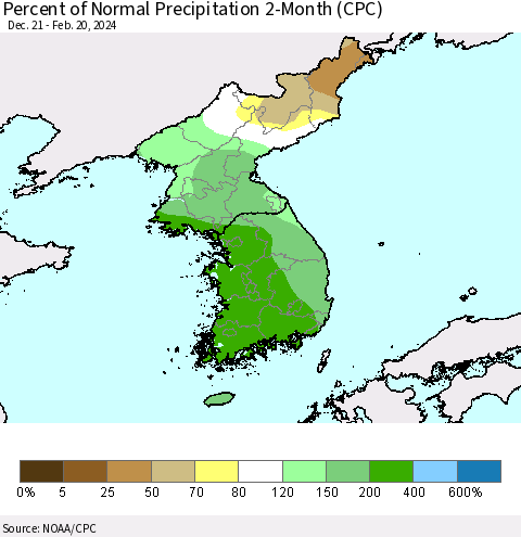 Korea Percent of Normal Precipitation 2-Month (CPC) Thematic Map For 12/21/2023 - 2/20/2024