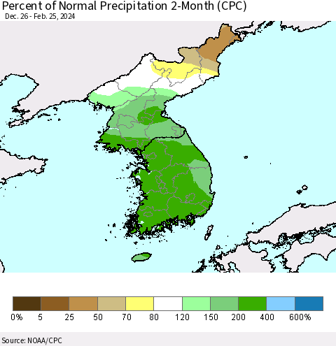 Korea Percent of Normal Precipitation 2-Month (CPC) Thematic Map For 12/26/2023 - 2/25/2024