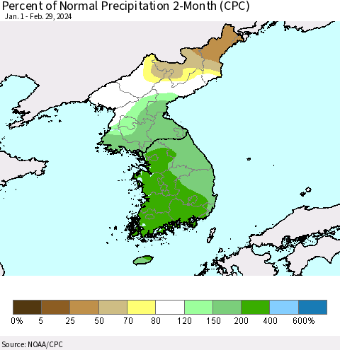 Korea Percent of Normal Precipitation 2-Month (CPC) Thematic Map For 1/1/2024 - 2/29/2024