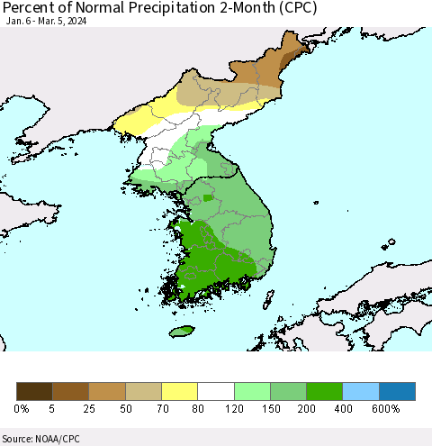 Korea Percent of Normal Precipitation 2-Month (CPC) Thematic Map For 1/6/2024 - 3/5/2024