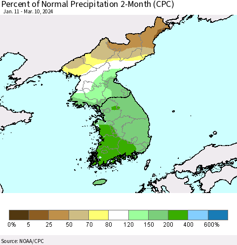 Korea Percent of Normal Precipitation 2-Month (CPC) Thematic Map For 1/11/2024 - 3/10/2024