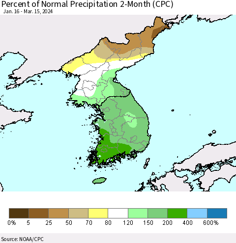 Korea Percent of Normal Precipitation 2-Month (CPC) Thematic Map For 1/16/2024 - 3/15/2024