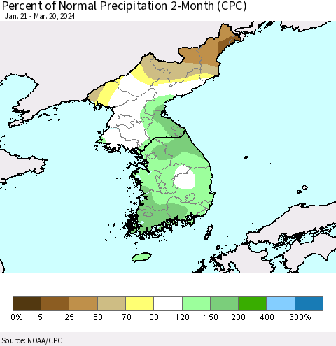 Korea Percent of Normal Precipitation 2-Month (CPC) Thematic Map For 1/21/2024 - 3/20/2024
