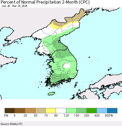 Korea Percent of Normal Precipitation 2-Month (CPC) Thematic Map For 1/26/2024 - 3/25/2024