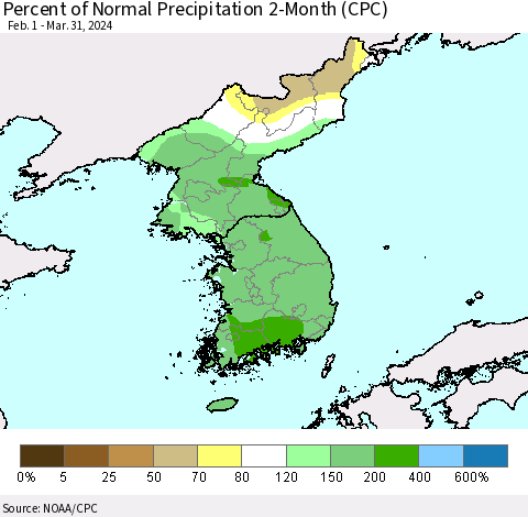 Korea Percent of Normal Precipitation 2-Month (CPC) Thematic Map For 2/1/2024 - 3/31/2024