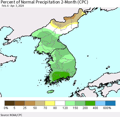Korea Percent of Normal Precipitation 2-Month (CPC) Thematic Map For 2/6/2024 - 4/5/2024