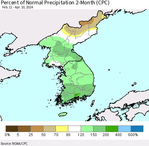 Korea Percent of Normal Precipitation 2-Month (CPC) Thematic Map For 2/11/2024 - 4/10/2024