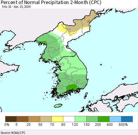 Korea Percent of Normal Precipitation 2-Month (CPC) Thematic Map For 2/16/2024 - 4/15/2024