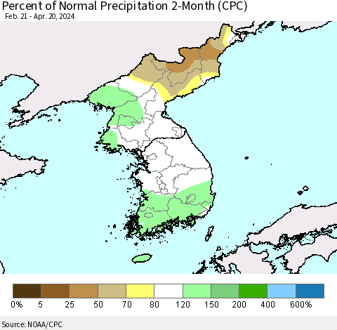 Korea Percent of Normal Precipitation 2-Month (CPC) Thematic Map For 2/21/2024 - 4/20/2024