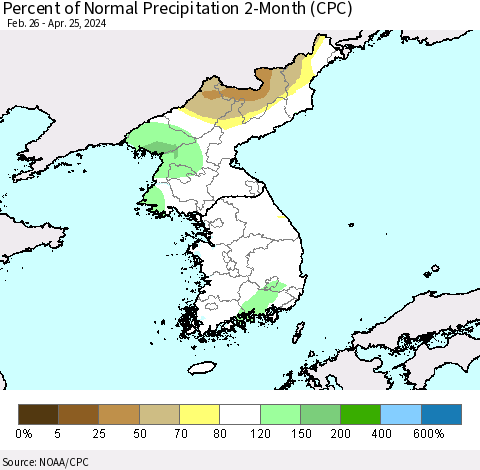 Korea Percent of Normal Precipitation 2-Month (CPC) Thematic Map For 2/26/2024 - 4/25/2024