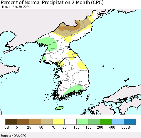 Korea Percent of Normal Precipitation 2-Month (CPC) Thematic Map For 3/1/2024 - 4/30/2024