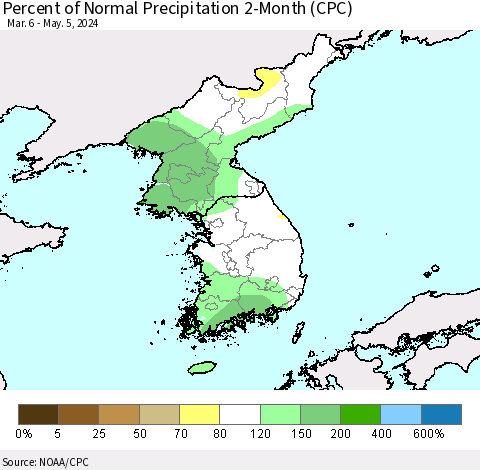 Korea Percent of Normal Precipitation 2-Month (CPC) Thematic Map For 3/6/2024 - 5/5/2024