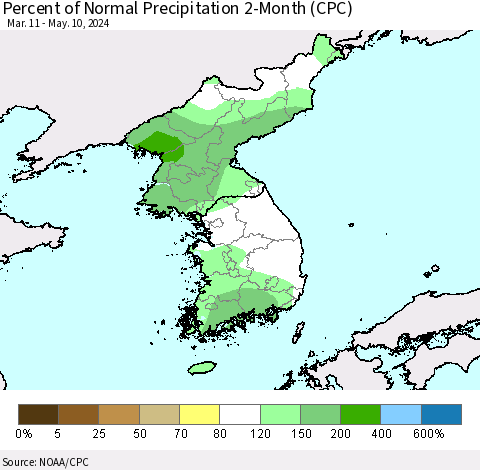 Korea Percent of Normal Precipitation 2-Month (CPC) Thematic Map For 3/11/2024 - 5/10/2024