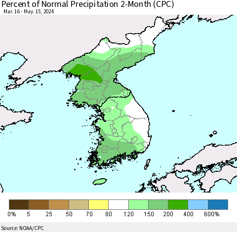 Korea Percent of Normal Precipitation 2-Month (CPC) Thematic Map For 3/16/2024 - 5/15/2024