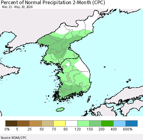 Korea Percent of Normal Precipitation 2-Month (CPC) Thematic Map For 3/21/2024 - 5/20/2024